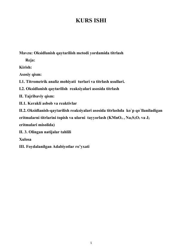 Oksidlanish qaytarilish metodi yordamida titrlash