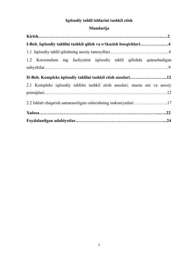 Iqtisodiy tahlil ishlarini tashkil etish