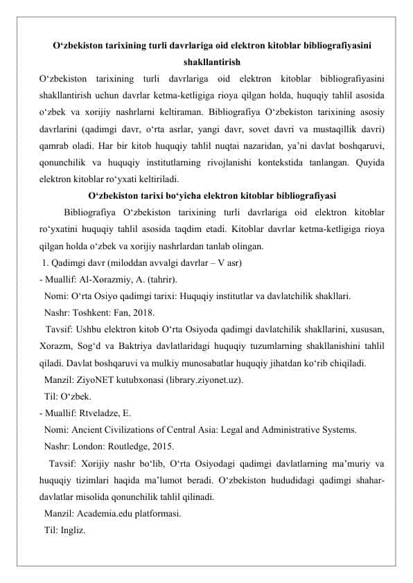 O‘zbekiston tarixining turli davrlariga oid elektron kitoblar bibliografiyasini shakllantirish 26