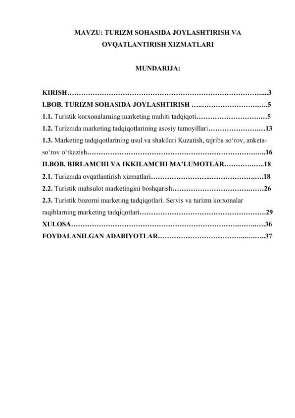 TURIZM SOHASIDA JOYLASHTIRISH VA OVQATLANTIRISH XIZMATLARI.docx