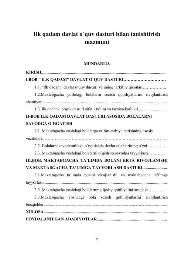 Ilk qadam davlat o`quv dasturi bilan tanishtirish mazmuni