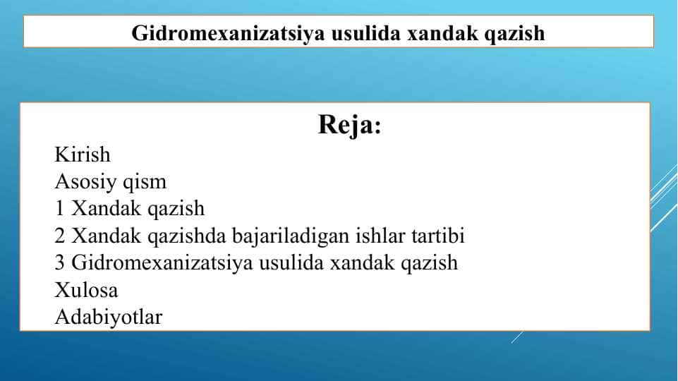 Gidromexanizatsiya usulida xandak qazish