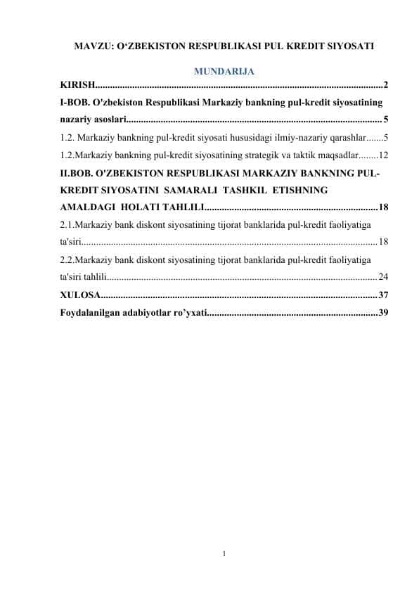O‘ZBEKISTON RESPUBLIKASI PUL KREDIT SIYOSATI