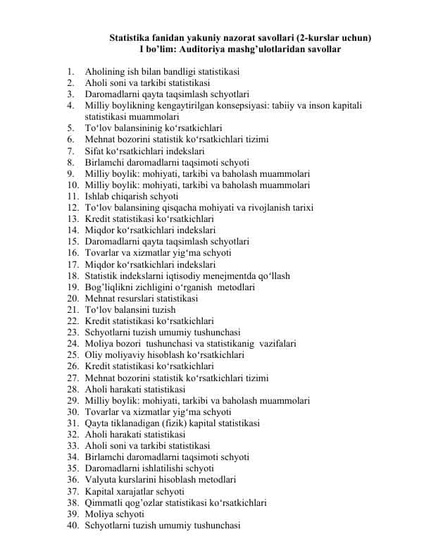 Statistika fanidan yakuniy nazorat savollari 180 savol