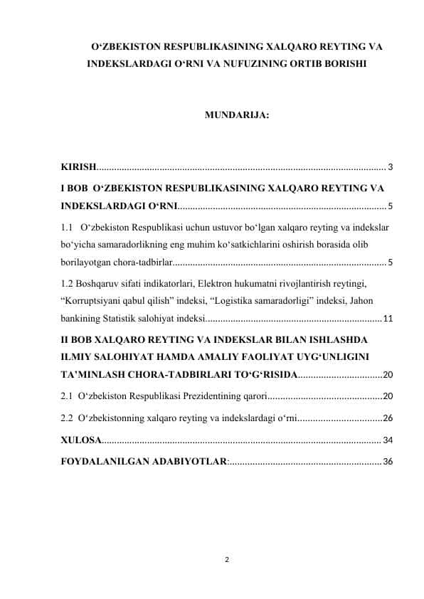 O‘ZBEKISTON RESPUBLIKASINING XALQARO REYTING VA INDEKSLARDAGI O‘RNI VA NUFUZINING ORTIB BORISHI