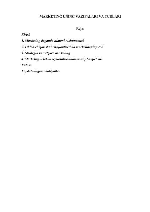 MARKETING UNING VAZIFALARI VA TURLARI