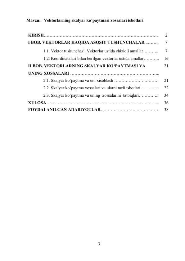 Vektorlarning skalyar ko’paytmasi xossalari isbotlari