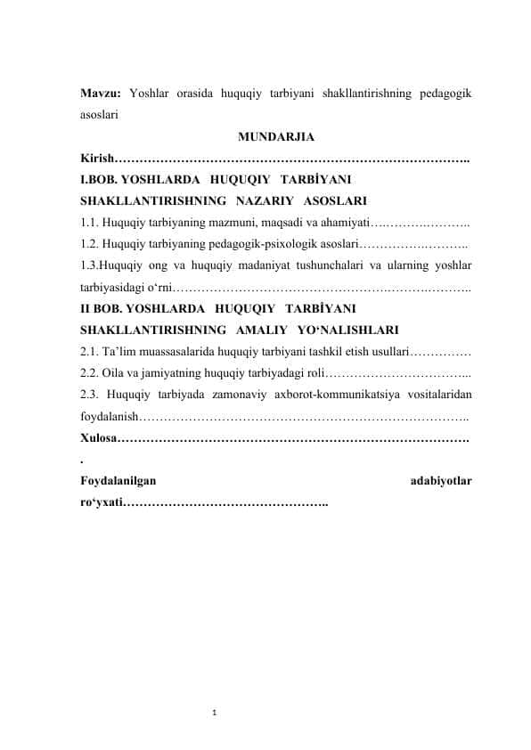 Yoshlar orasida huquqiy tarbiyani shakllantirishning pedagogik asoslari kurs ishi