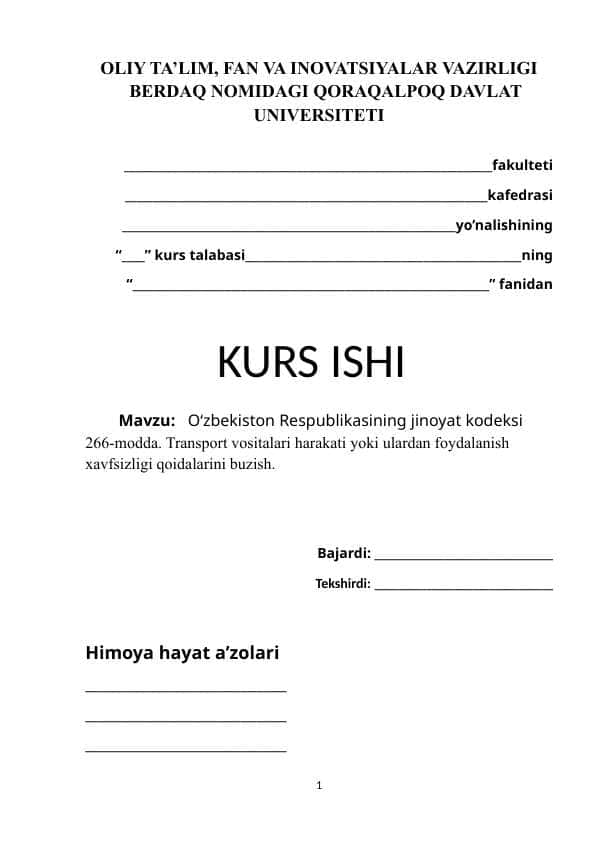 O‘zbekiston Respublikasining jinoyat kodeksi 266-modda. Transport vositalari harakati yoki ulardan foydalanish xavfsizligi qoidalarini buzish