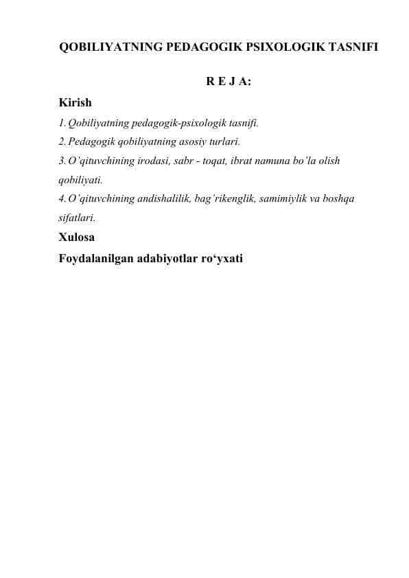 QOBILIYATNING PEDAGOGIK PSIXOLOGIK TASNIFI