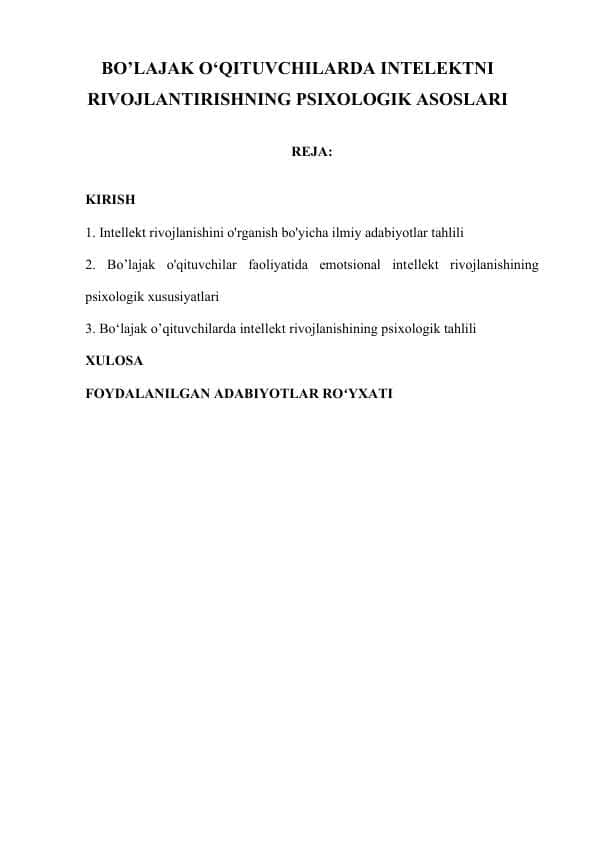 BO’LAJAK O‘QITUVCHILARDA INTELEKTNI RIVOJLANTIRISHNING PSIXOLOGIK ASOSLARI