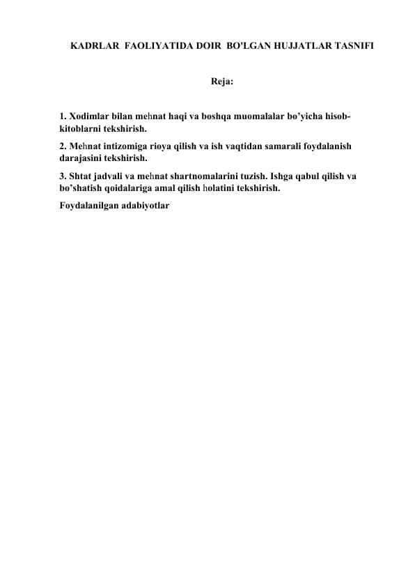 KADRLAR FAOLIYATIDA DOIR BO'LGAN HUJJATLAR TASNIFI