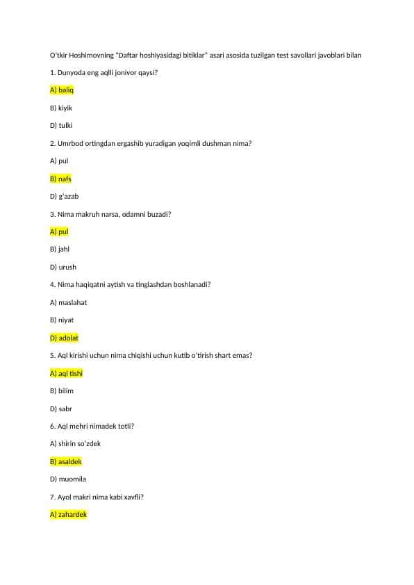 Adabiyot / Asarlar / Oʻtkir Hoshimovning “Daftar hoshiyasidagi bitiklar” asari asosida tuzilgan test savollari javoblari bilan