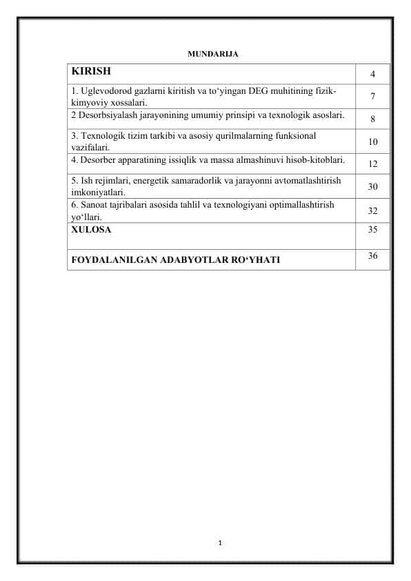 "Uglevodorod gazlarni quritishda DEGni desorbsiyalash texnologik tizimi tahlili va hisoblash (Kurs ishi)"