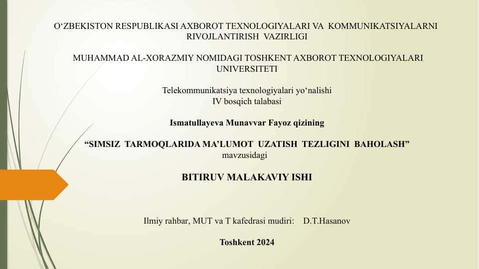 SIMSIZ TARMOQLARDA MA’LUMOTLAR UZATISH TEZLIGINI BAHOLASH prezintatsiya