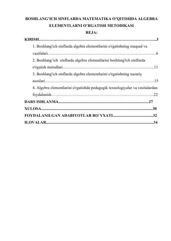 BOSHLANG’ICH SINFLARDA MATEMATIKA O’QITISHDA ALGEBRA ELEMENTLARNI O’RGATISH METODIKASI