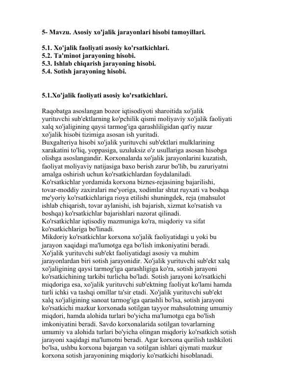 Asosiy xo'jalik jarayonlari hisobi tamoyillari.