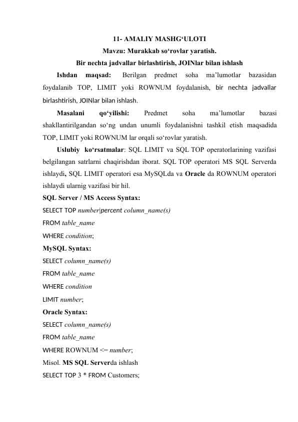 Murakkab so‘rovlar yaratish. Bir nеchta jadvallar birlashtirish, JOINlar bilan ishlash