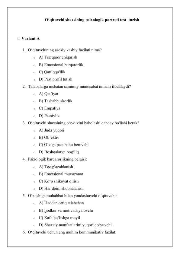 Oʻqituvchi shaxsining psixologik portreti test tuzish 25