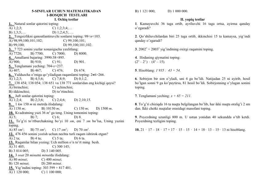 5-SINFLAR UCHUN MATEMATIKADAN