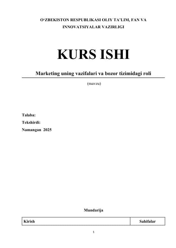 Marketing uning vazifalari va bozor tizimidagi roli