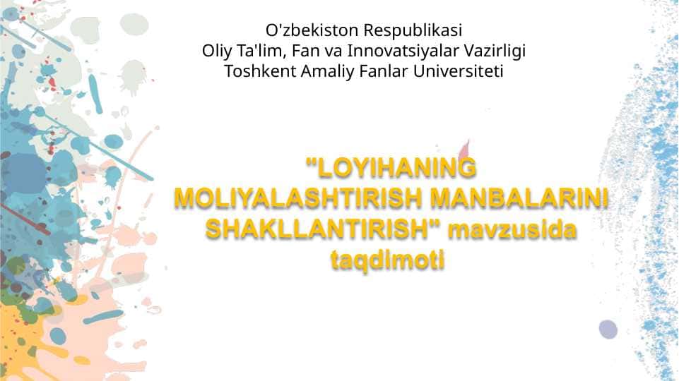LOYIHANING MOLIYALASHTIRISH MANBALARINI SHAKLLANTIRISH
