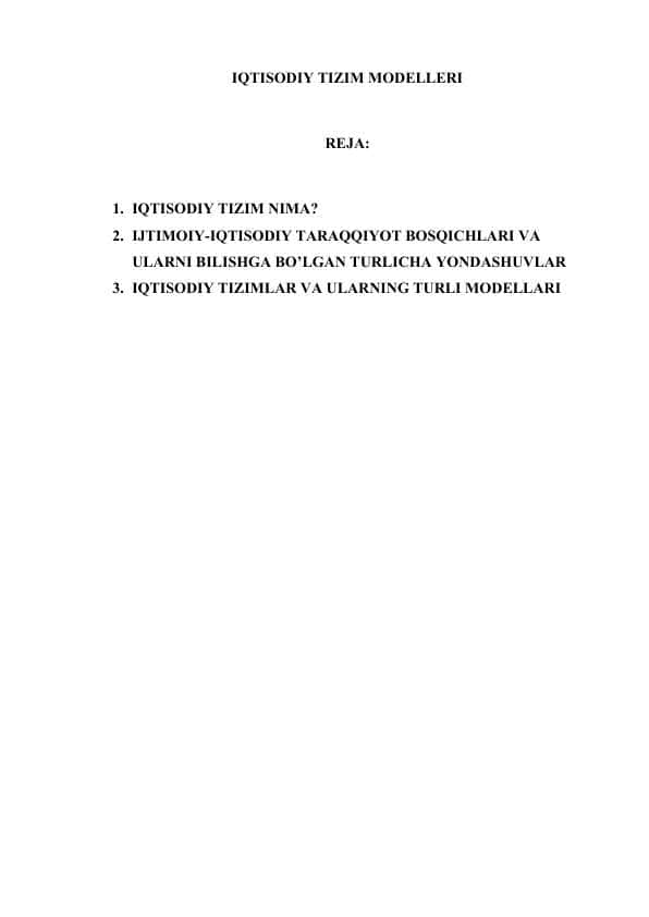 IQTISODIY TIZIM MODELLERI