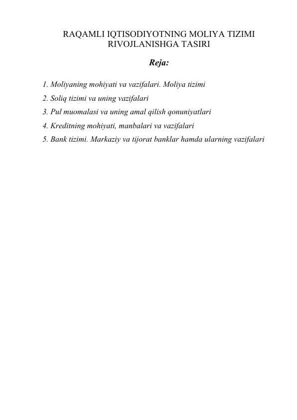 RAQAMLI IQTISODIYOTNING MOLIYA TIZIMI RIVOJLANISHGA TASIRI