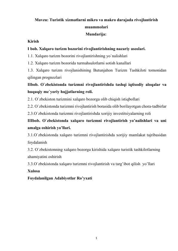Turistik xizmatlarni mikro va makro darajada rivojlantirish muammolari