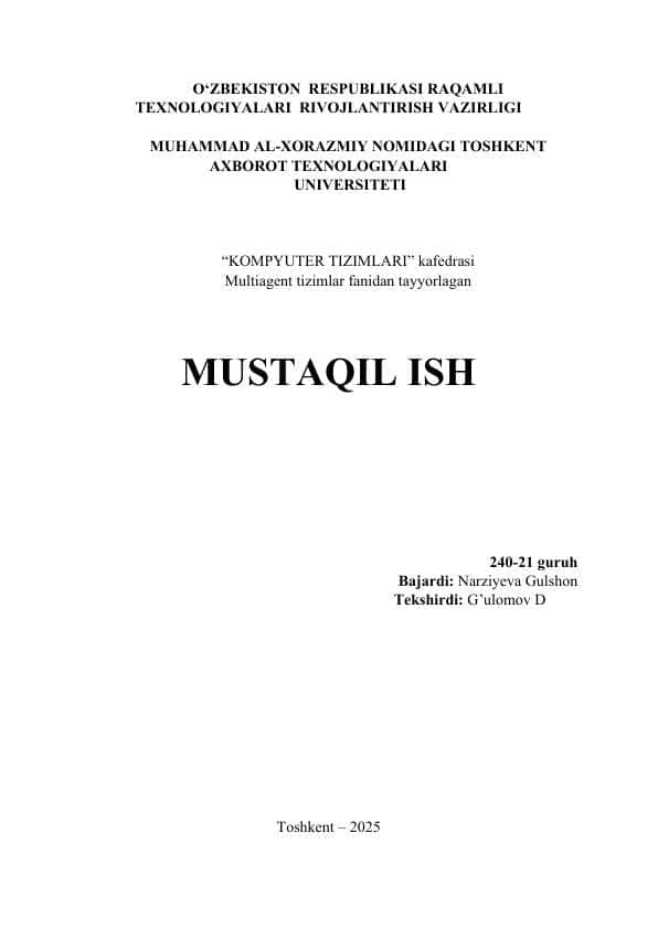 Multiagent tizimlari mustaqil ish