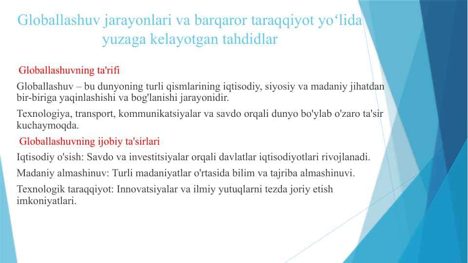 Globallashuv jarayonlari va barqaror taraqqiyot yoʻlida yuzaga kelayotgan tahdidlar