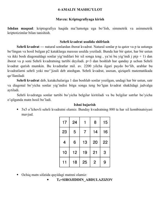 Kriptografiyaga kirish amaliy ish javobi