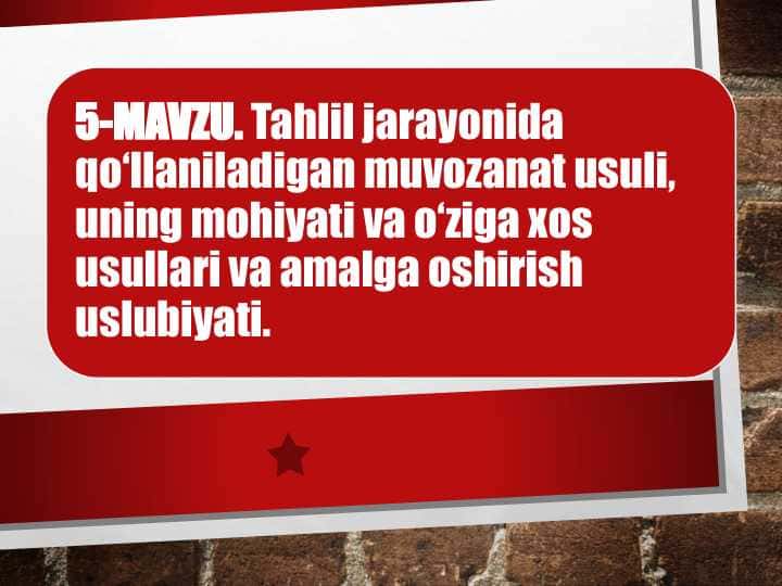 Tahlil jarayonida qo’llaniladigan muvozanat usuli, uning mohiyati va o’ziga hos usullari.