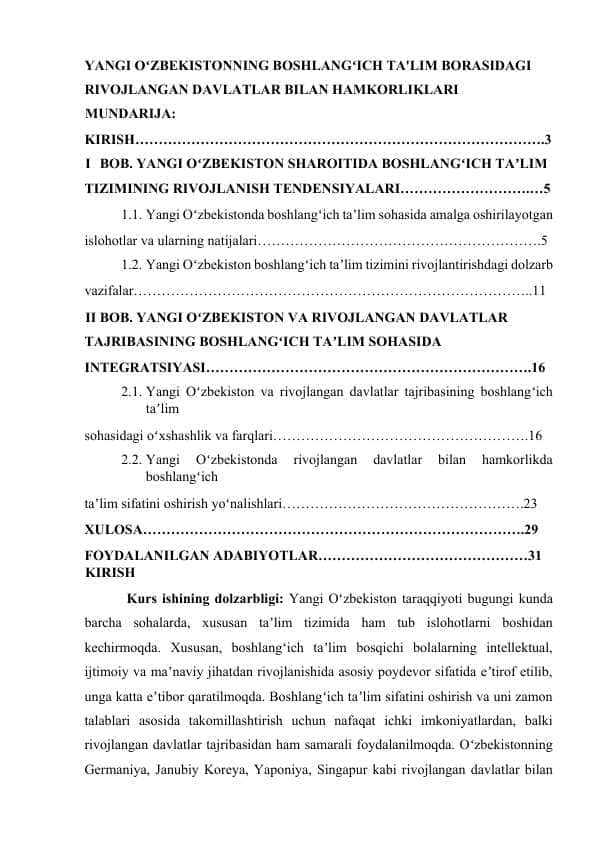 YANGI OʻZBEKISTONNING BOSHLANGʻICH TA'LIM BORASIDAGI RIVOJLANGAN DAVLATLAR BILAN HAMKORLIKLARI