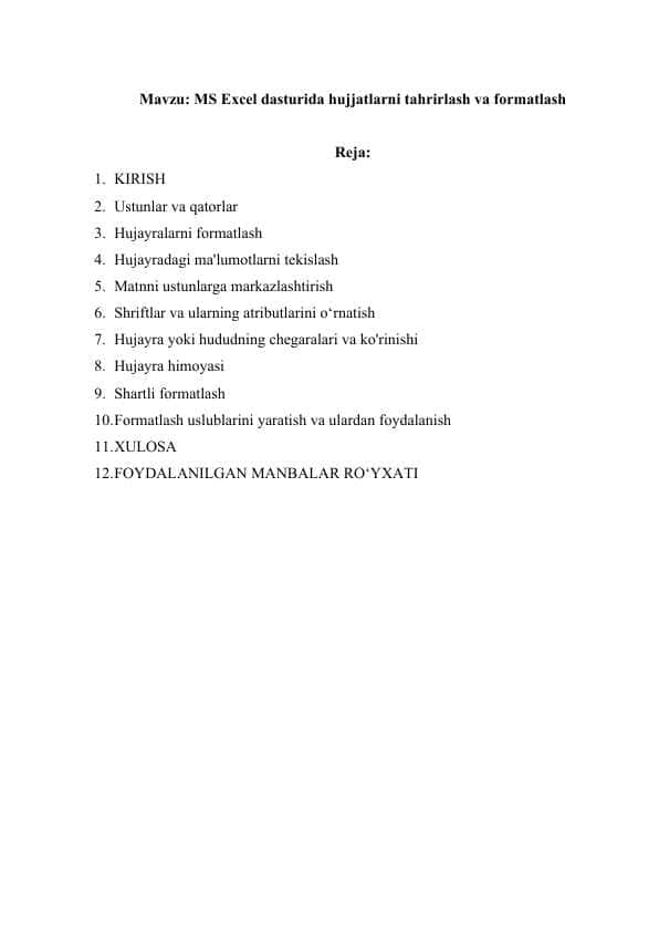 MS Excel dasturida hujjatlarni tahrirlash va formatlash