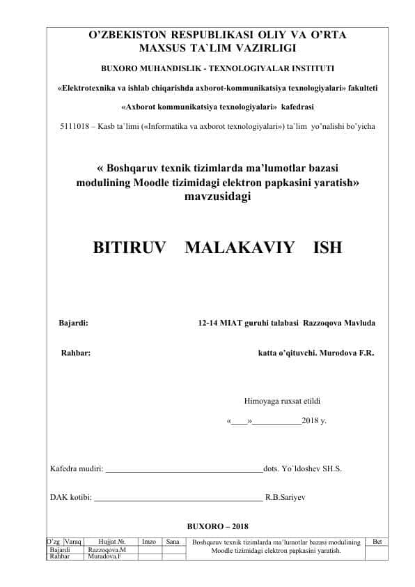 Boshqaruv texnik tizimlarda ma’lumotlar bazasi modulining Moodle tizimidagi elektron papkasini yaratish
