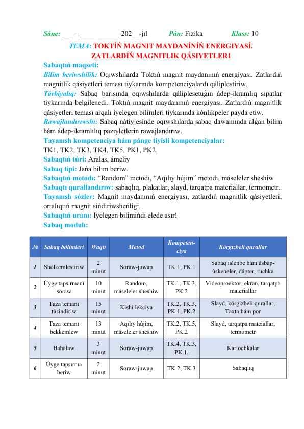 Toktıń magnit maydanınıń energiyası. Zatlardıń magnitlik qásiyetleri