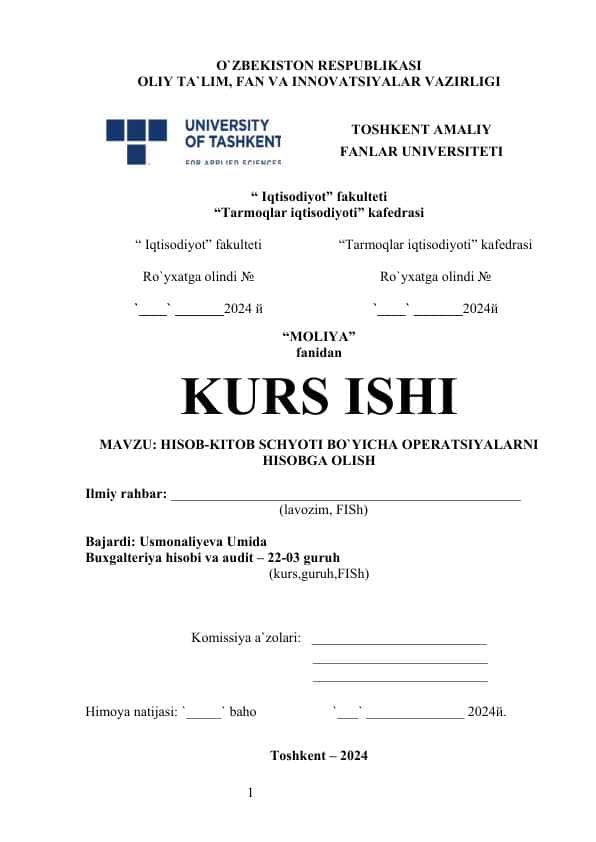 HISOB-KITOB SCHYOTI BO`YICHA OPERATSIYALARNI HISOBGA OLISH