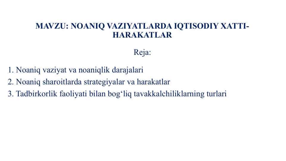 NOANIQ VAZIYATLARDA IQTISODIY XATTI-HARAKATLAR