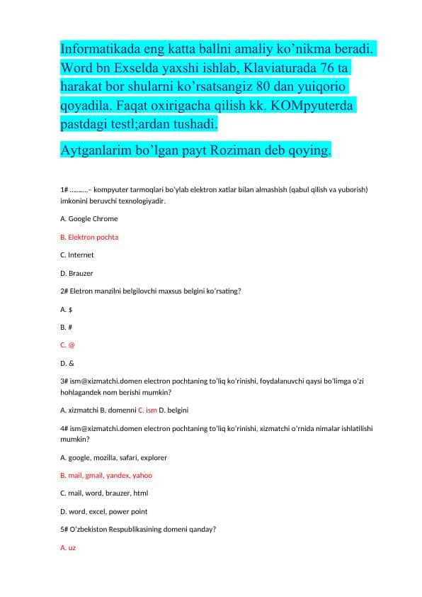 axborot kommunikatsiya texnologiyalari savollar javoblar