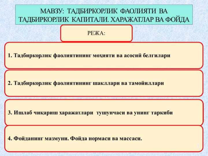 ТАДБИРКОРЛИК ФАОЛИЯТИ ВА ТАДБИРКОРЛИК КАПИТАЛИ. ХАРАЖАТЛАР ВА ФОЙДА