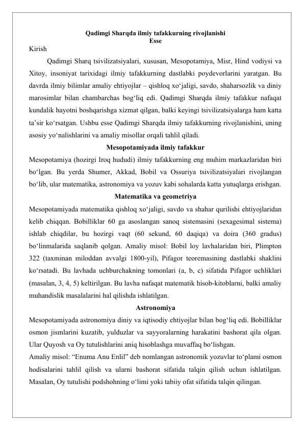 Qadimgi Sharqda ilmiy tafakkurning rivojlanishi esse 25