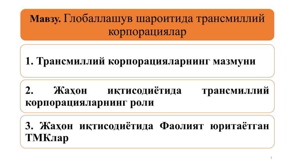 Глобаллашув шароитида трансмиллий корпорациялар