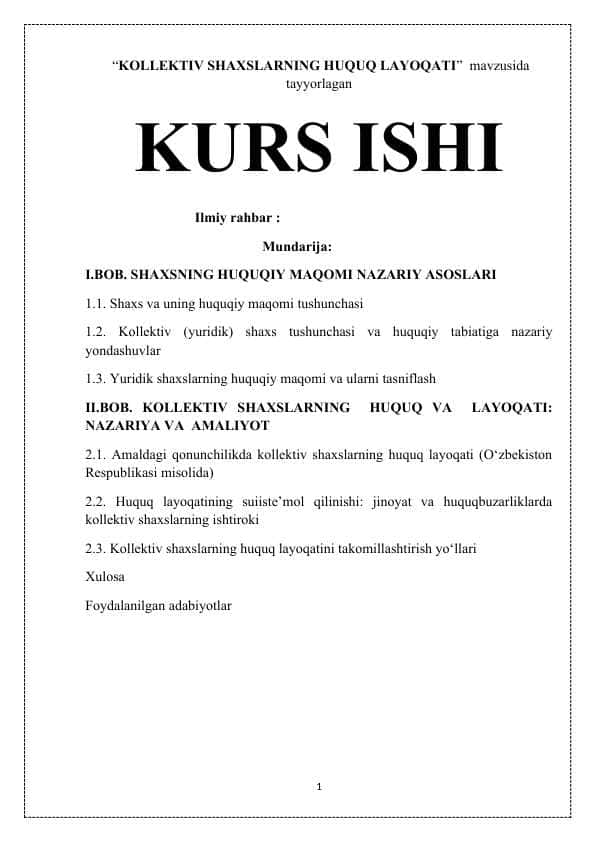 “KOLLEKTIV SHAXSLARNING HUQUQ LAYOQATI” mavzusida tayyorlagan KURS ISHI