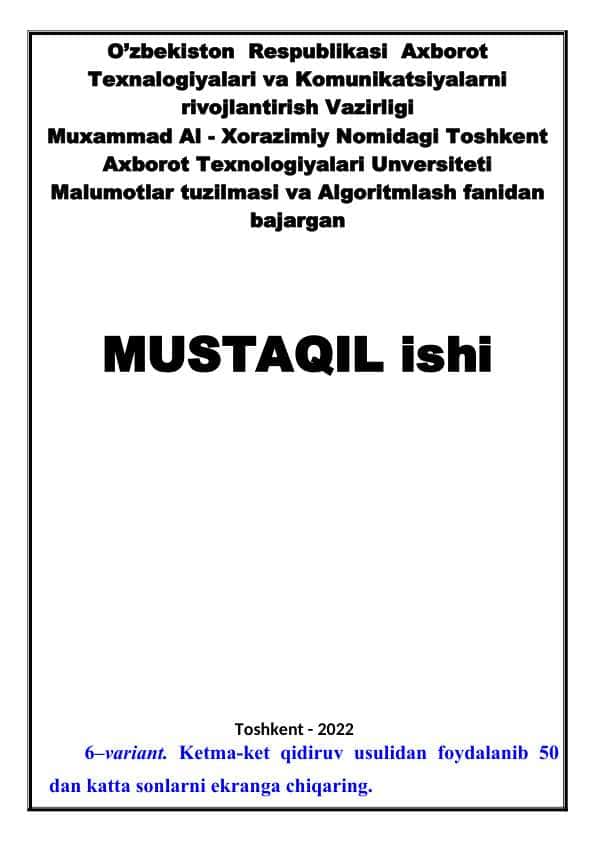 Mustaqil ish. M t va a