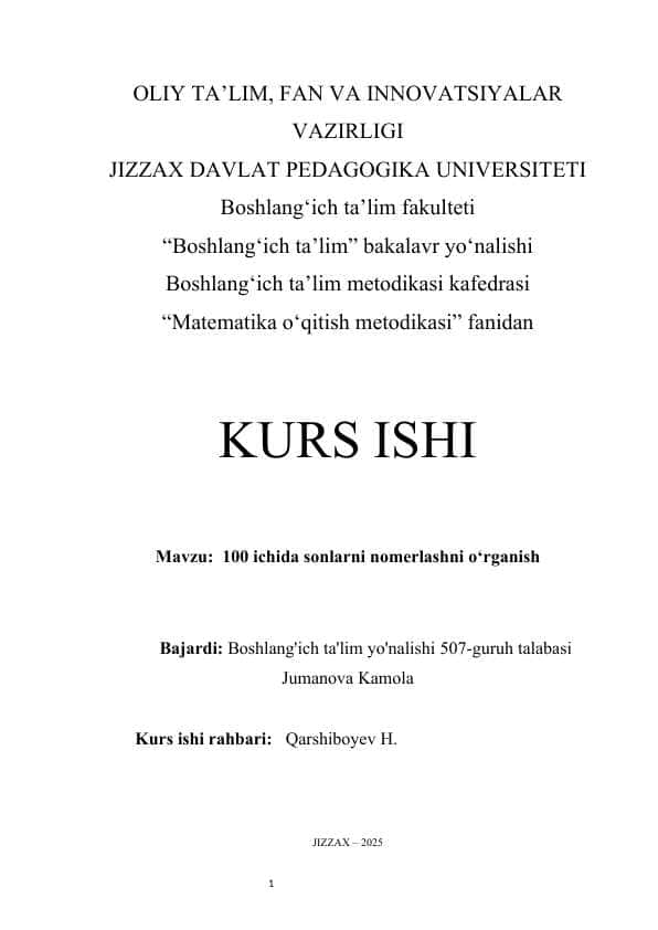 100 ichida sonlarni nomerlashni o‘rganish kurs ishi
