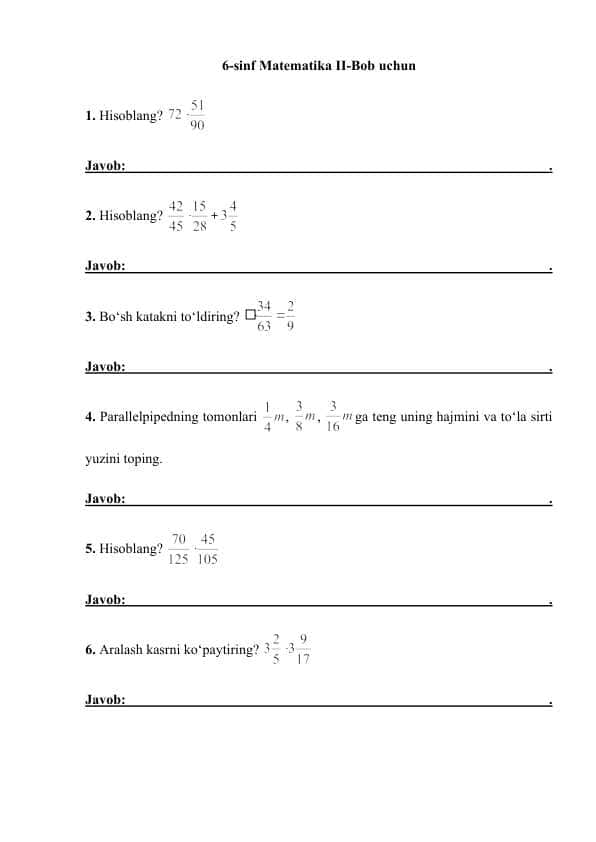 6-sinf matematika II-BoB uchun misollar