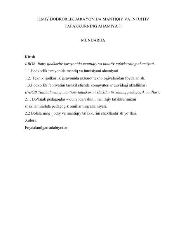 ILMIY IJODKORLIK JARAYONIDA MANTIQIY VA INTUITIV TAFAKKURNING AHAMIYATI