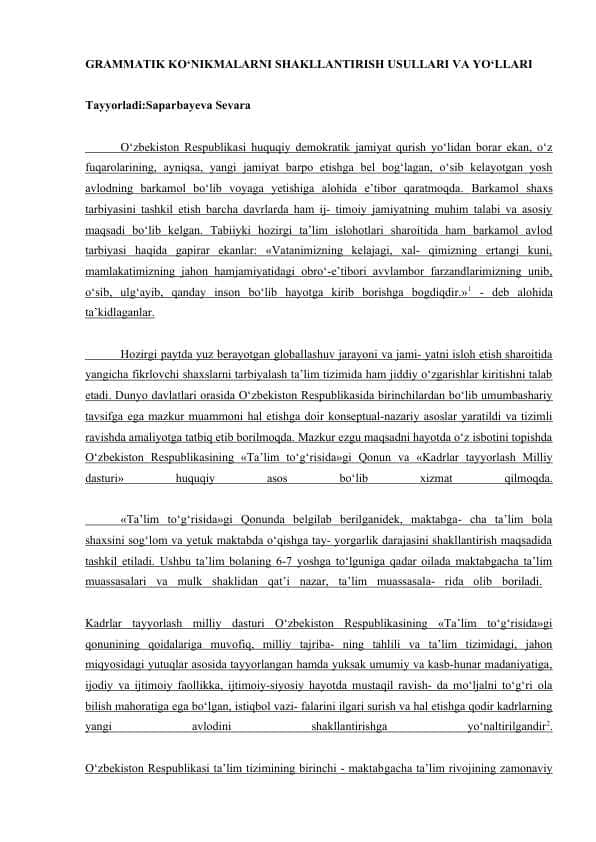 GRAMMATIK KO‘NIKMALARNI SHAKLLANTIRISH USULLARI VA YO‘LLARI
