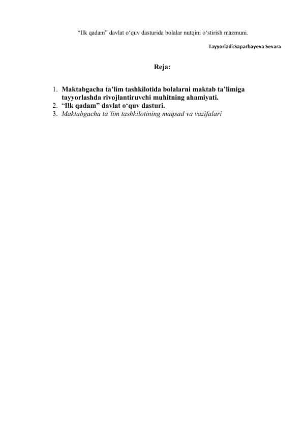Ilk qadam” davlat o‘quv dasturida bolalar nutqini o‘stirish mazmuni